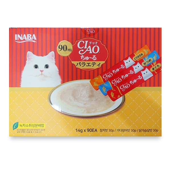 이나바 고양이 간식 챠오 츄르 14gx90입(참치맛,가다랑어맛,닭가슴살맛 각 30입) 이미지